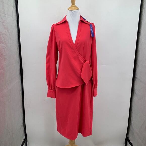 Elie Tahari Dress Womens 4 Strawberry Crepe Tie Waist Collared Side Zip Surplice - Picture 2 of 16